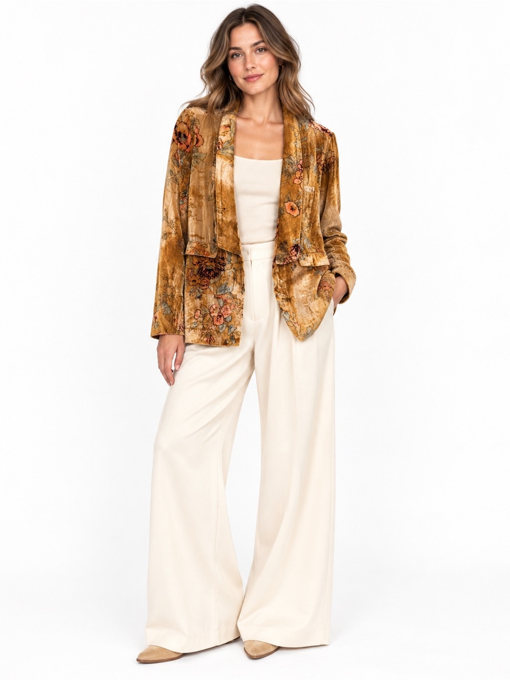 CHASER Floral Velvet Silk Blend Blazer L Gold Boho Luxe Open Front Jacket